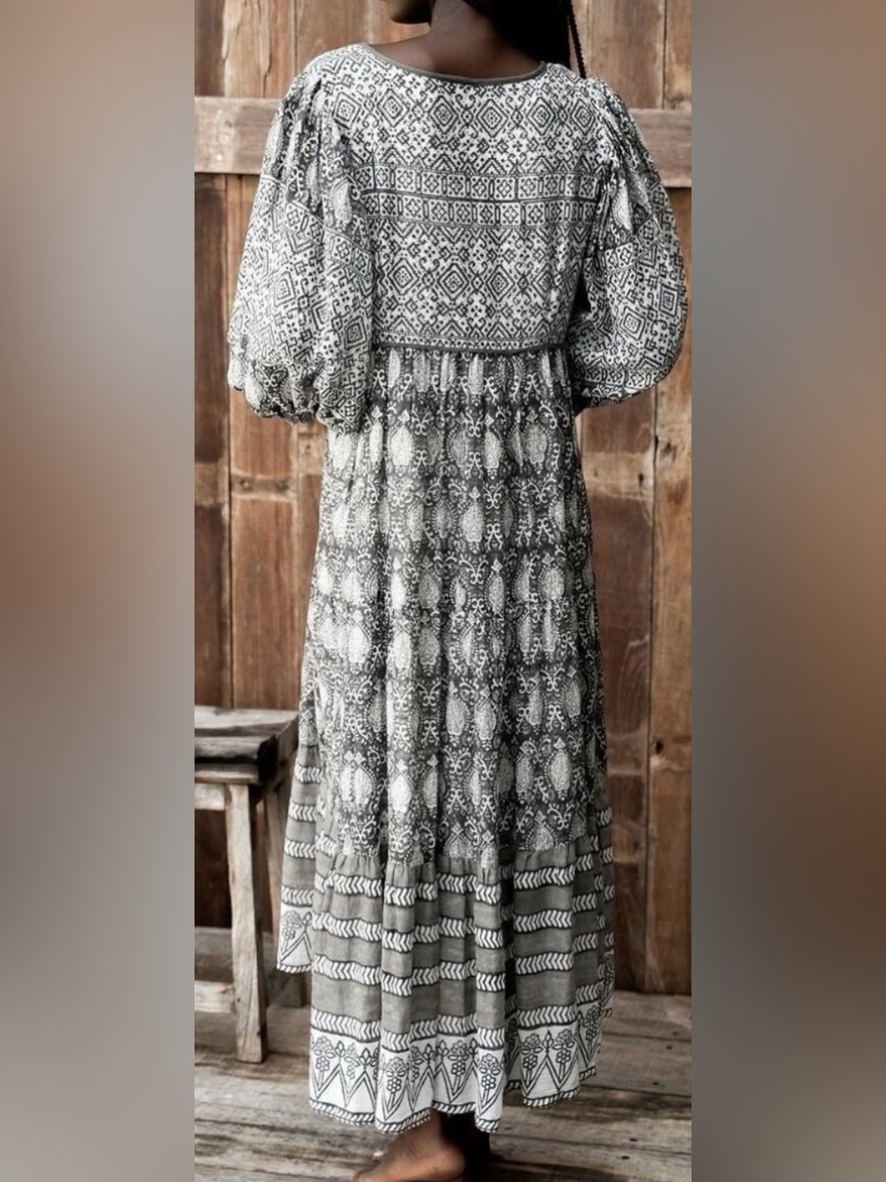 Daughters of India Jasmine Cotton Hand Blocked Midi Dress Charcoal Size Medium - Picture 2 of 11